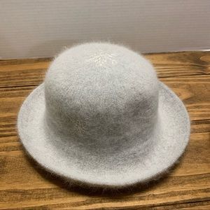 Angora/Wool derby style hat with embroidered snowflakes